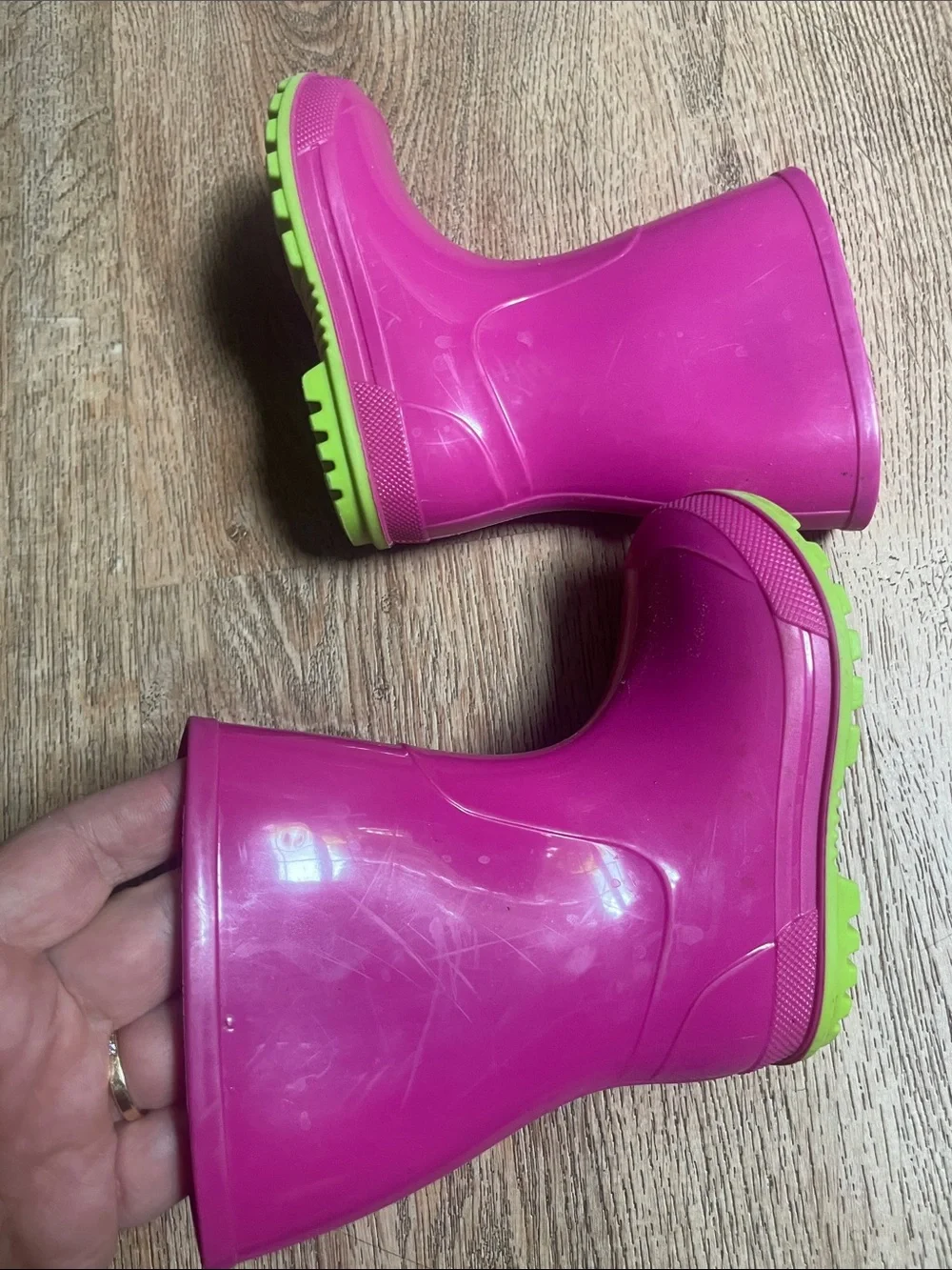 Unbranded Rain Boots Rubber Neon Pink Green 5-6 Toddler Waterproof